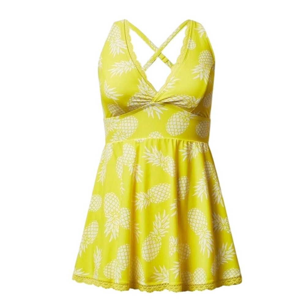Torrid Yellow Pineapple Print Lace Trim Swim Dress Plus Size 1